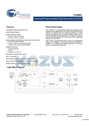 CY22801KFXIT datasheet - Universal Programmable Clock Generator (UPCG) Integrated phase-locked loop (PLL)