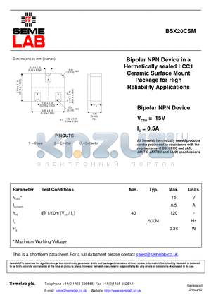 BSX20CSM datasheet - Bipolar NPN Device in a Hermetically sealed LCC1