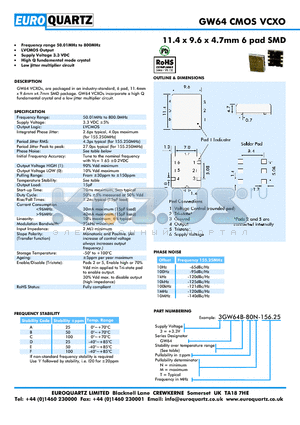 3GW64C-80M-156.25 datasheet - 11.4 x 9.6 x 4.7mm 6 pad SMD