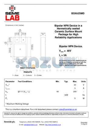 BSX62SMD datasheet - Bipolar NPN Device in a Hermetically sealed