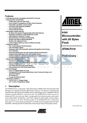 AT89LP216-20PU datasheet - Microcontroller with 2K Bytes Flash