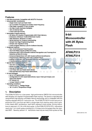 AT89LP213-20PI datasheet - 8-bit Microcontroller with 2K Bytes Flash