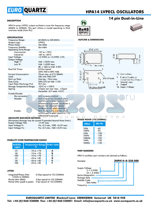 3HPA14-F-250.000 datasheet - 14 pin Dual-in-Line