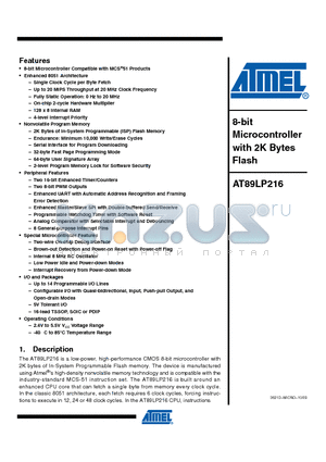 AT89LP216-20PU datasheet - 8-bit Microcontroller with 2K Bytes Flash