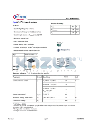 BSZ340N08NS3G datasheet - OptiMOS3 Power-Transistor