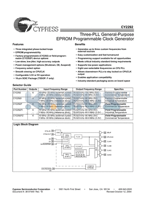 CY2292FT datasheet - Three-PLL General-Purpose EPROM Programmable Clock Generator