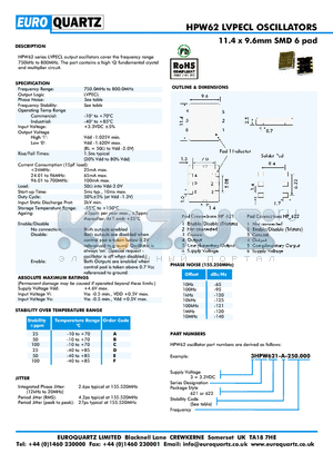 3HPW621-D-250.000 datasheet - 11.4 x 9.6mm SMD 6 pad