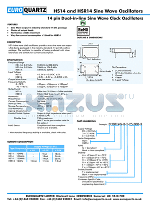 3HSR14G-E-T-25.000-X datasheet - 14 pin Dual-in-line Sine Wave Clock Oscillators