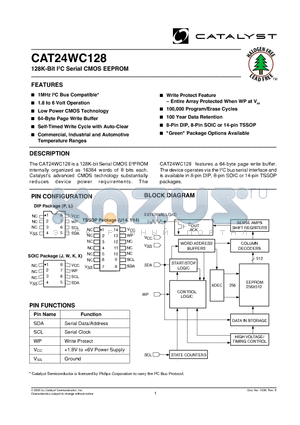 CAT24WC12833JI-1.8TE13 datasheet - 128K-Bit I2C Serial CMOS EEPROM
