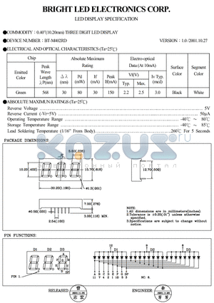 BT-M402RD datasheet - 0.40(10.20MM)THREE DIGIT LED DISPLAY