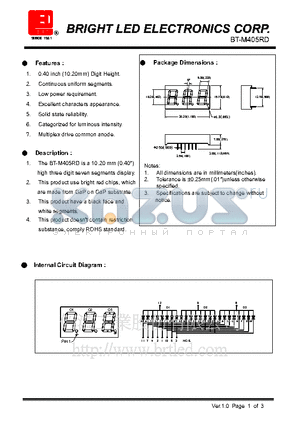 BT-M405RD datasheet - 10.20mm(0.40) high three digit seven segments display