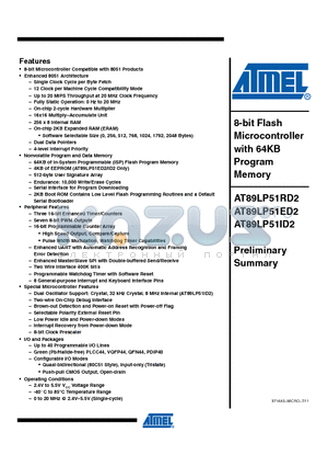 AT89LP51ED2-20JU datasheet - 8-bit Flash Microcontroller with 64KB Program Memory