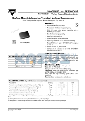3KASMC10A datasheet - Surface Mount Automotive Transient Voltage Suppressors (High Temperature Stability & High Reliability Conditions)