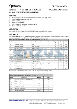 DL-5320S-C270-HXS datasheet - 1270 nm ~ 1610 nm DFB LD MODULES 2.5 Gbps CWDM MQW-DFB LD PIGTAIL