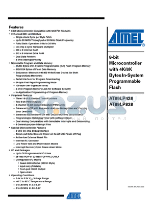 AT89LP828-20JU datasheet - 8-bit Microcontroller with 4K/8K Bytes In-System Programmable Flash