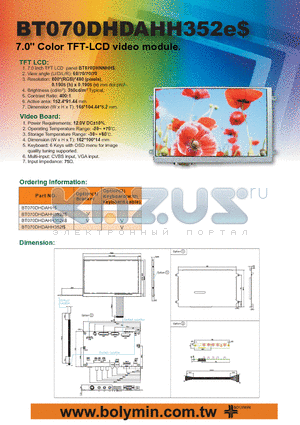 BT070DHDAHH datasheet - 7.0 Color TFT-LCD video module