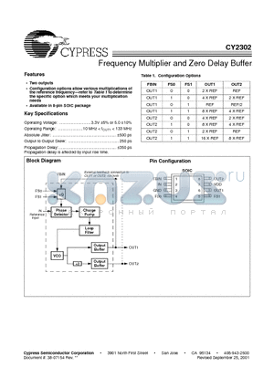 CY2302 datasheet - Frequency Multiplier and Zero Delay Buffer