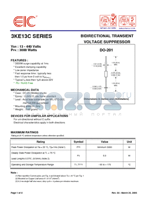 3KE20C datasheet - BIDIRECTIONAL TRANSIENT VOLTAGE SUPPRESSOR