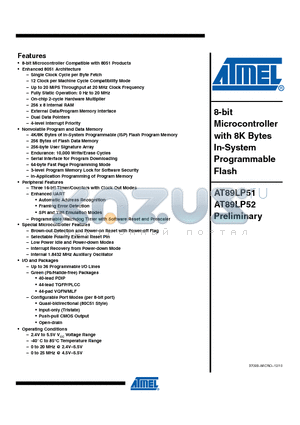 AT89LP52-20PU datasheet - 8-bit Microcontroller with 8K Bytes In-System Programmable Flash