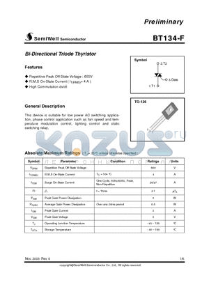 BT134-F datasheet - BI- DIRECTIONAL TRIODE THYRISTOR