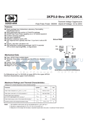 3KP10 datasheet - Transient Voltage Suppressors Peak Pulse Power 3000W Stand-off Voltage 5.0 to 220V