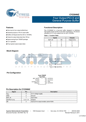 CY2304NZZI-1 datasheet - Four Output PCI-X and General Purpose Buffer