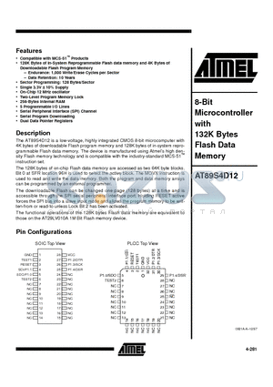 AT89S4D12 datasheet - 8-Bit Microcontroller with 132K Bytes Flash Data Memory