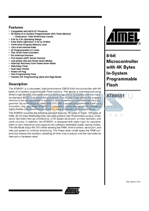 AT89S51-24JC datasheet - 8-bit Microcontroller with 4K Bytes In-System Programmable Flash
