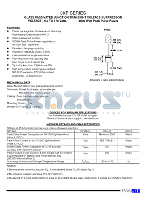 3KP11A datasheet - GLASS PASSIVATED JUNCTION TRANSIENT VOLTAGE SUPPRESSOR(VOLTAGE - 5.0 TO 170 Volts 3000 Watt Peak Pulse Power)
