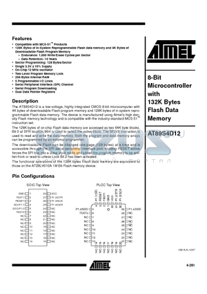 AT89S4D12-12JI datasheet - 8-Bit Microcontroller with 132K Bytes Flash Data Memory
