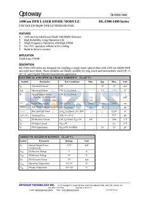 DL-5325-1490-XSS datasheet - 1490 nm DFB LASER DIODE MODULE UNCOOLED MQW DFB LD WITH PIGTAIL