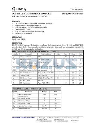 DL-5325-1625-HTAS datasheet - 1625 nm DFB LASER DIODE MODULE 1625 nm DFB LASER DIODE MODULE