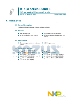 BT138 datasheet - 12 A four-quadrant triacs, sensitive gate