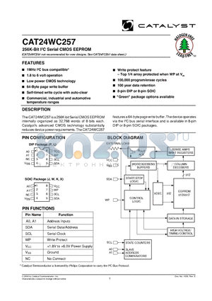 CAT24WC257 datasheet - 256K-Bit I2C Serial CMOS EEPROM
