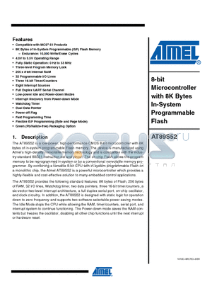 AT89S52-33PU datasheet - 8-bit Microcontroller with 8K Bytes In-System Programmable Flash