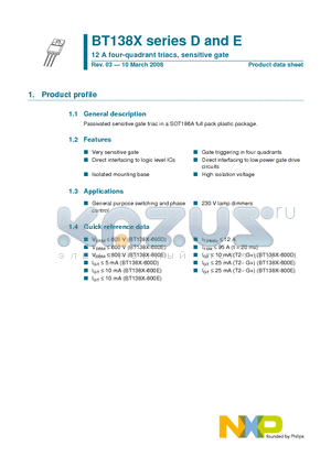 BT138X-600E datasheet - 12 A four-quadrant triacs, sensitive gate