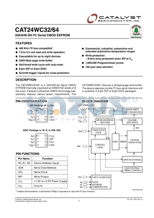 CAT24WC32GL-1.8TE13D datasheet - 32K/64K-Bit I2C Serial CMOS EEPROM