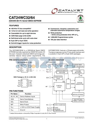 CAT24WC32GLI-1.8TE13D datasheet - 32K/64K-Bit I2C Serial CMOS EEPROM
