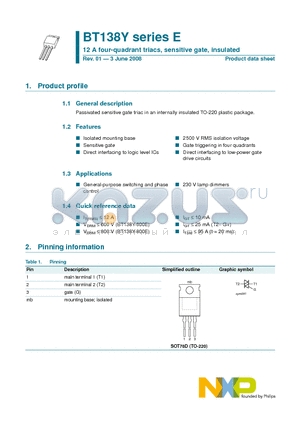 BT138Y-800E datasheet - 12 A four-quadrant triacs, sensitive gate, insulated