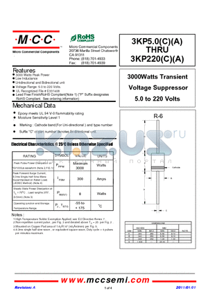 3KP150A datasheet - 3000Watts Transient Voltage Suppressor 5.0 to 220 Volts