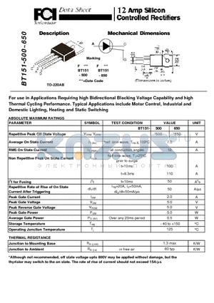 BT151 datasheet - 12 Amp Silicon Controlled rectifiers all conduction angles