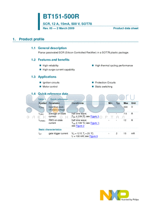 BT151-500R datasheet - SCR, 12 A, 15mA, 500 V, SOT78