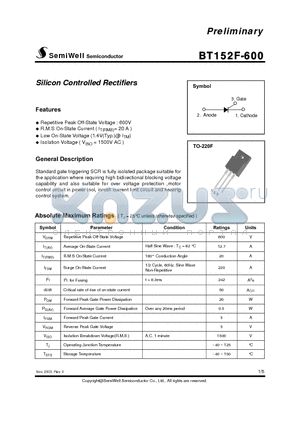 BT152F-600 datasheet - Silicon Controlled Rectifiers