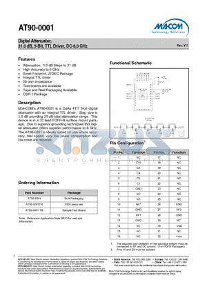 AT90-0001TR datasheet - Digital Attenuator, 31.0 dB, 5-Bit, TTL Driver, DC-6.0 GHz