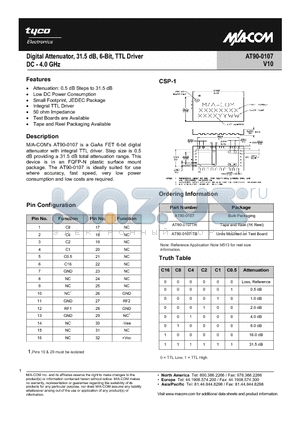AT90-0107TR datasheet - Digital Attenuator 31.5dB, 6-Bit, TTL Driver, DC-4.0 GHz