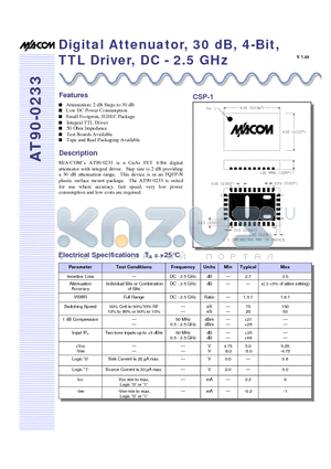 AT90-0233TR datasheet - Digital Attenuator, 30 dB, 4-Bit, TTL Driver, DC - 2.5 GHz