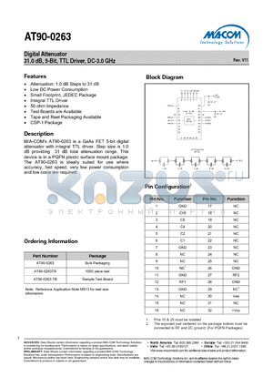AT90-0263-TB datasheet - Digital Attenuator 31.0 dB, 5-Bit, TTL Driver, DC-3.0 GHz