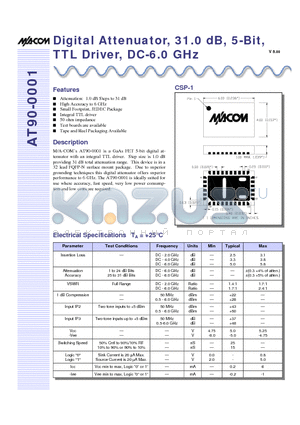 AT90-0001 datasheet - Digital Attenuator, 31.0 dB, 5-Bit, TTL Driver, DC-6.0 GHz