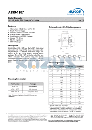 AT90-1107TR datasheet - Digital Attenuator 31.5 dB, 6-Bit, TTL Driver, DC-4.0 GHz