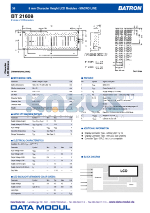 BT21608 datasheet - 8 mm Character Height LCD Modules - MACRO LINE